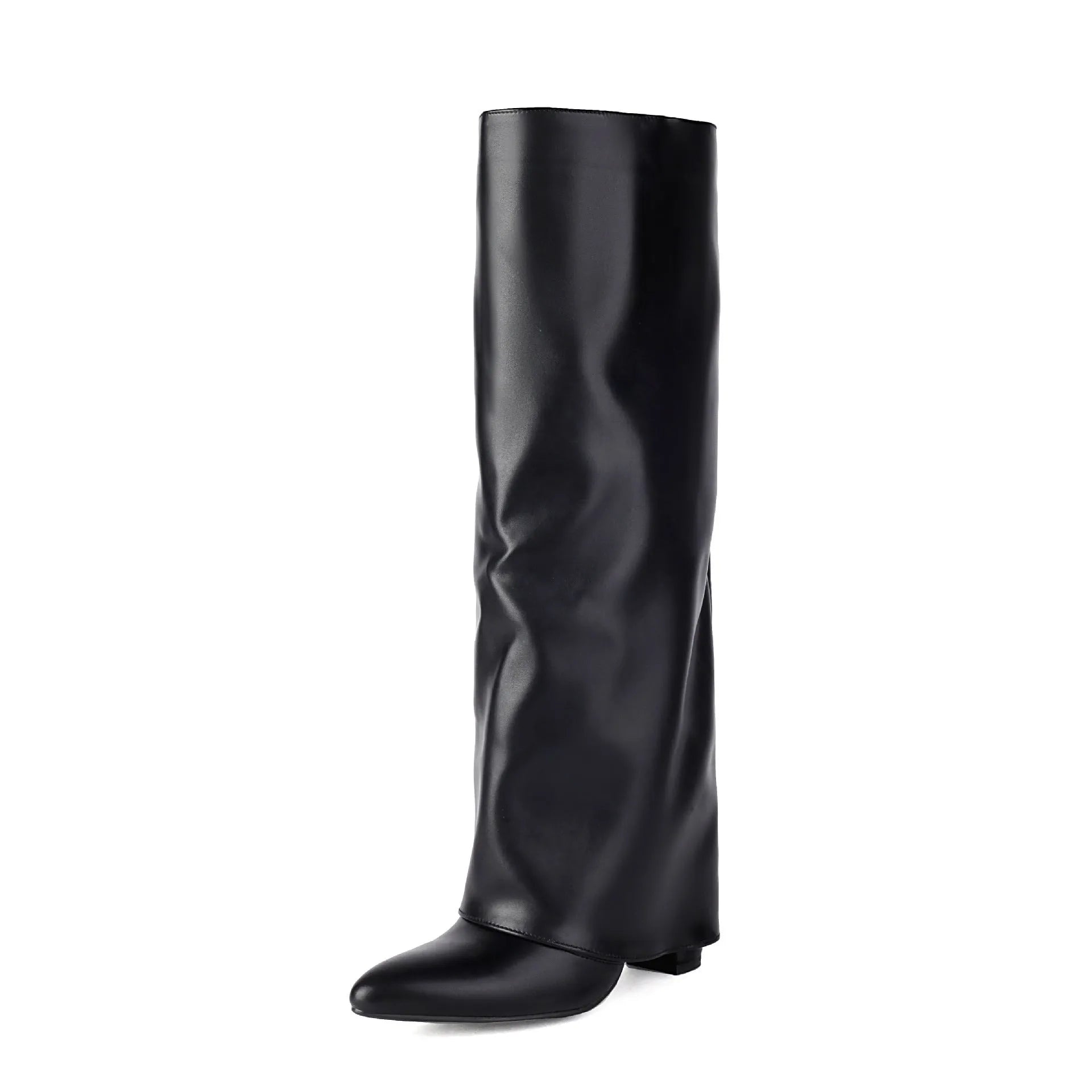 Women's plus size thick high heel ankle boots in black, showing sewing line detail on faux PU upper