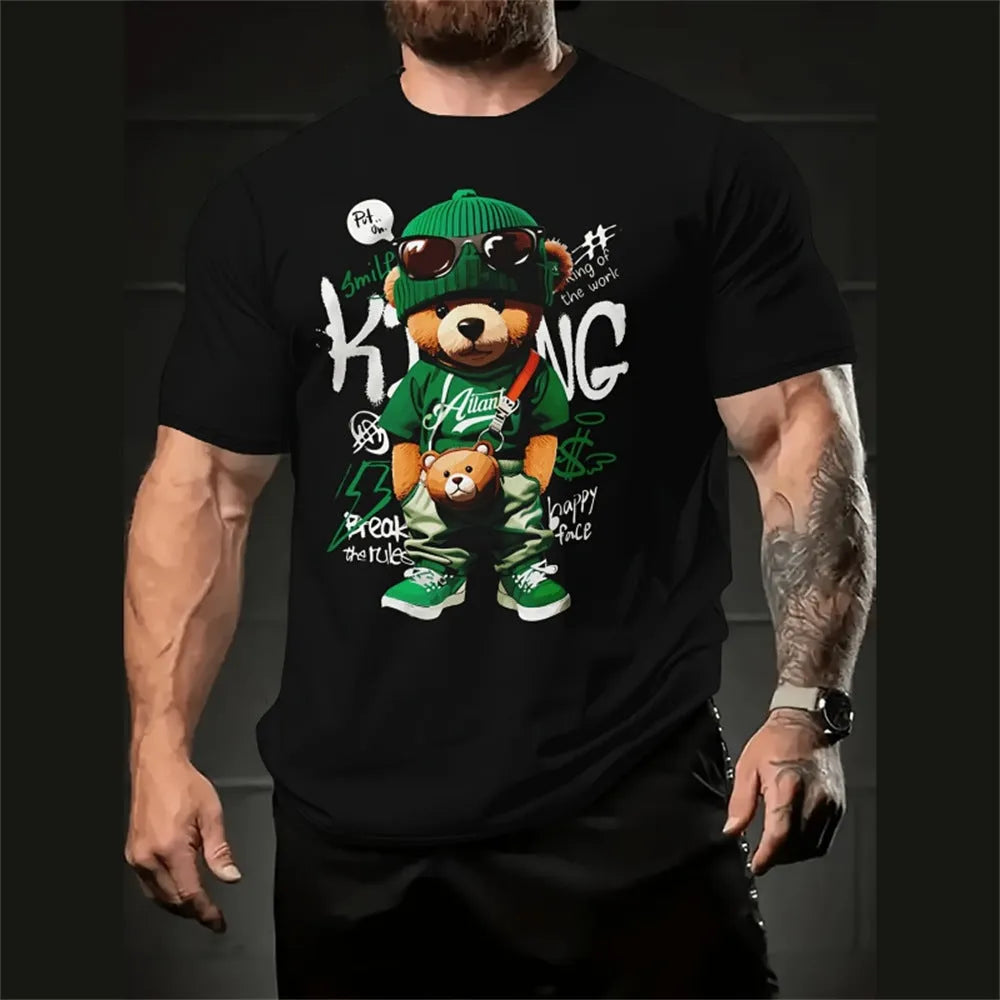 Men's loose-fit casual shirt with a colourful cartoon 3D print on the front, short sleeves.