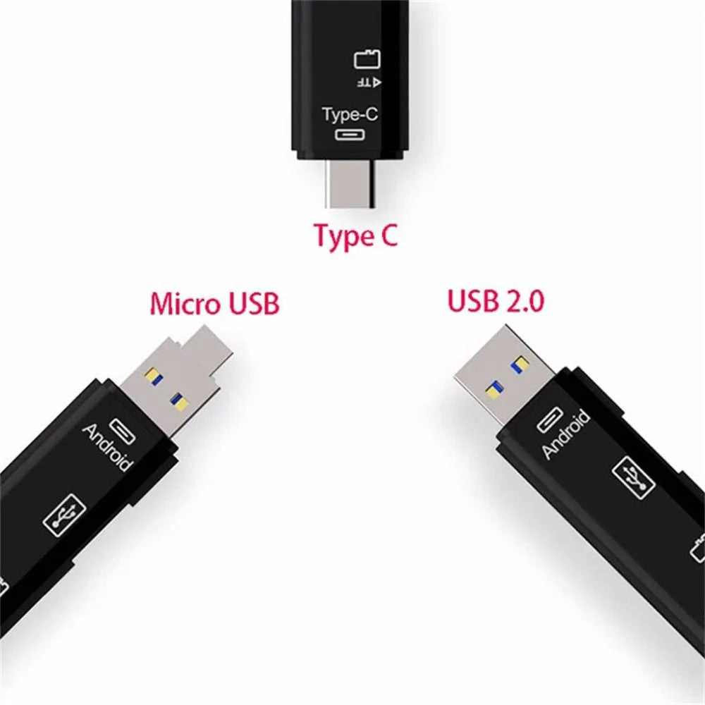 Black and white USB OTG hub adapter with Type-C plug, Micro USB plug, SD card slot, and USB-A port.