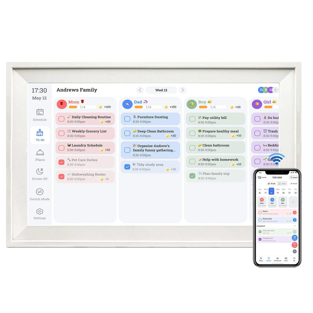 White 15.6 inch smart digital photo frame with app connectivity and wall bracket