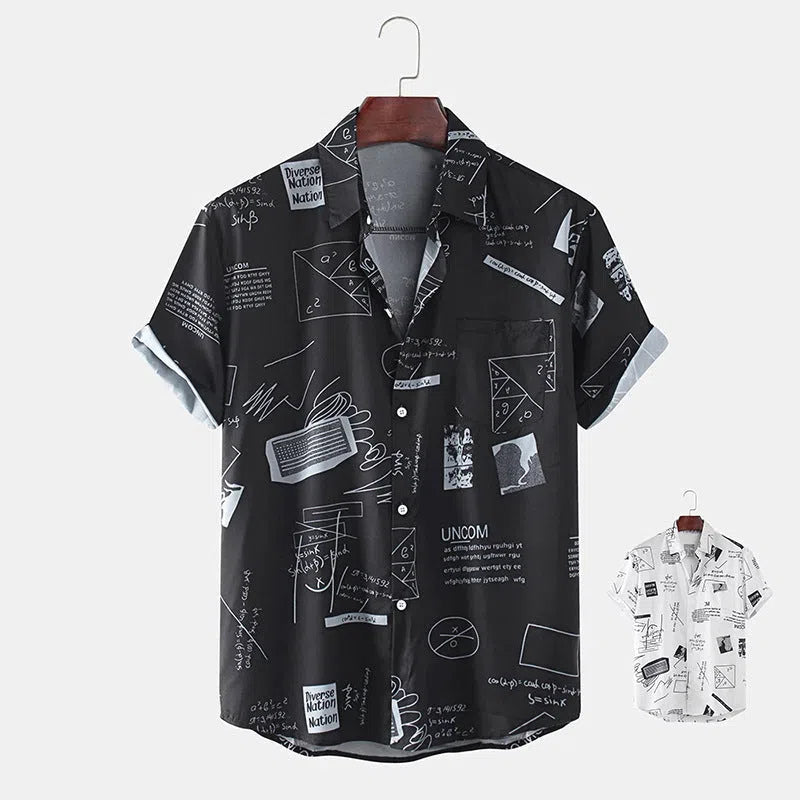 Men's cotton short sleeve shirt with abstract floral print and chest pocket in white