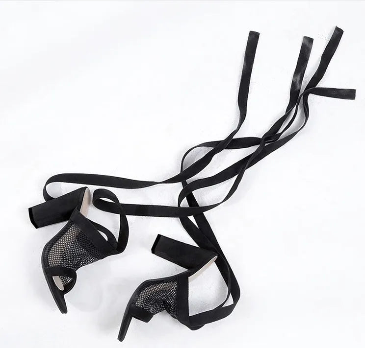 Women black flock cross strap lace up high heel sandals with square heel and buckle strap