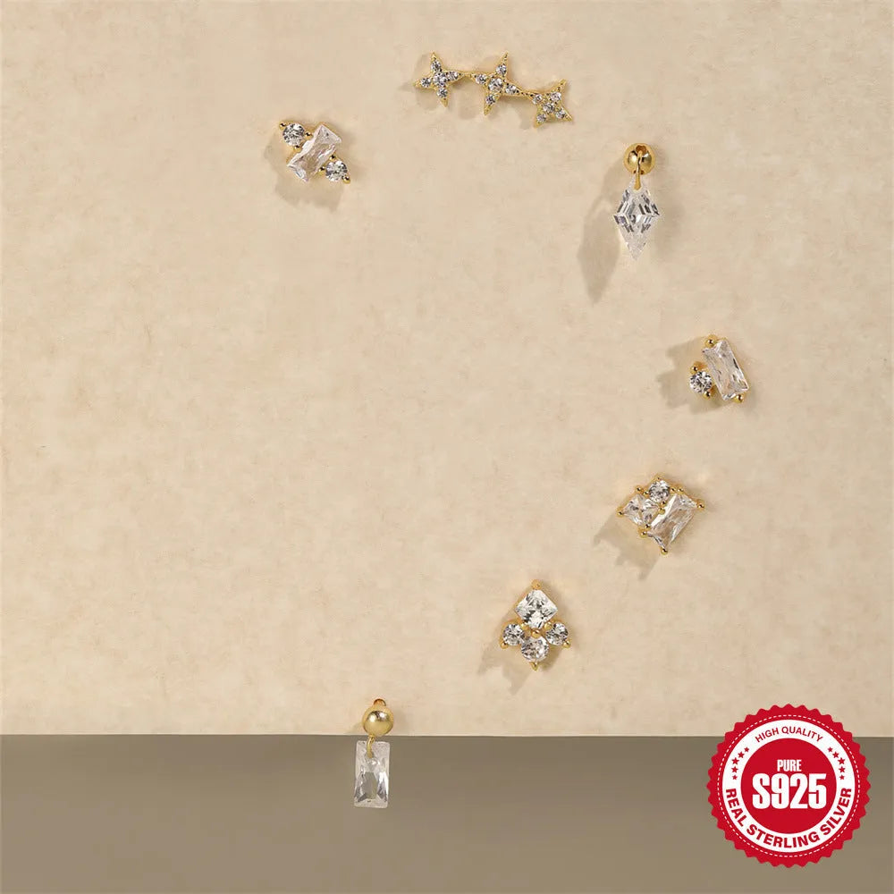 Close-up of S925 sterling silver square gravel flower stud earrings with a golden electroplated finish.