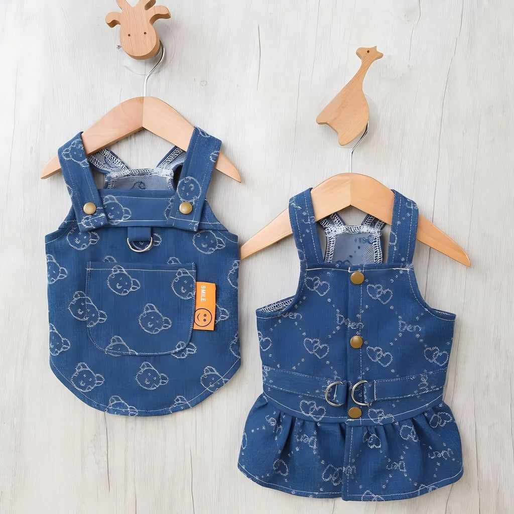 Denim princess dress for small dogs with bracket skirt styling in blue