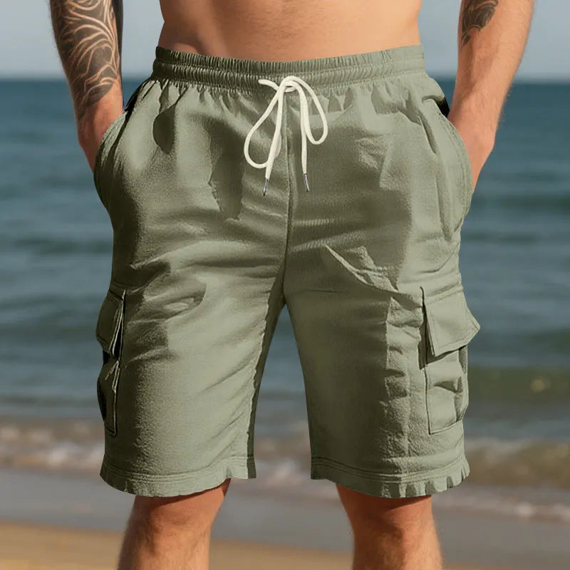 Men's air-permeable cotton and linen blend loose multi-pocket casual shorts in light blue