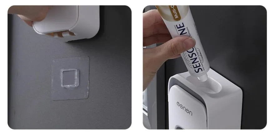 Automatic toothpaste dispenser in blue colour made from ABS plastic with a wall-mount design.