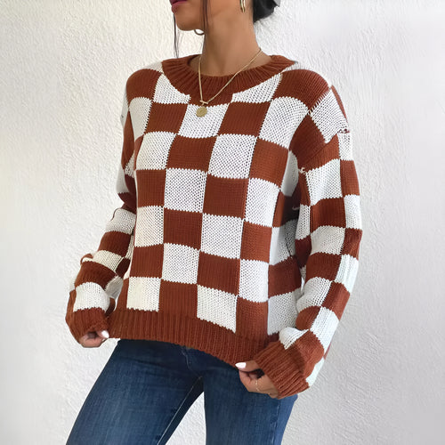Dark brown acrylic pullover sweater with a chessboard plaid pattern and loose round neck.