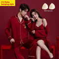 Red polyester lounge suit set for men and women with long sleeves and trousers