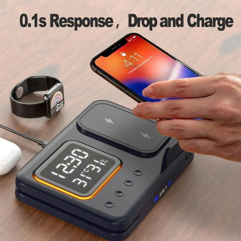 Black wireless charging station showing phone and watch charging with LED display showing time and temperature