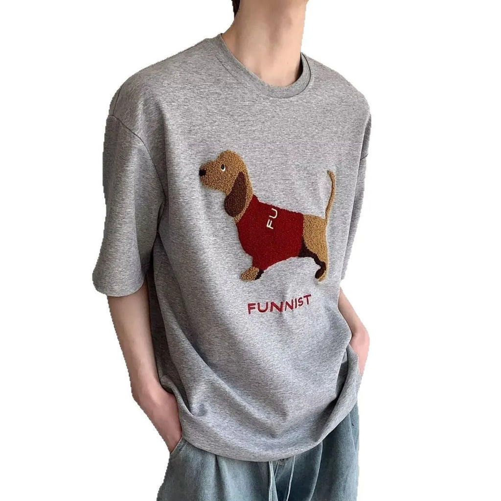 Men's grey cotton t-shirt with embroidered sausage dog design on the chest