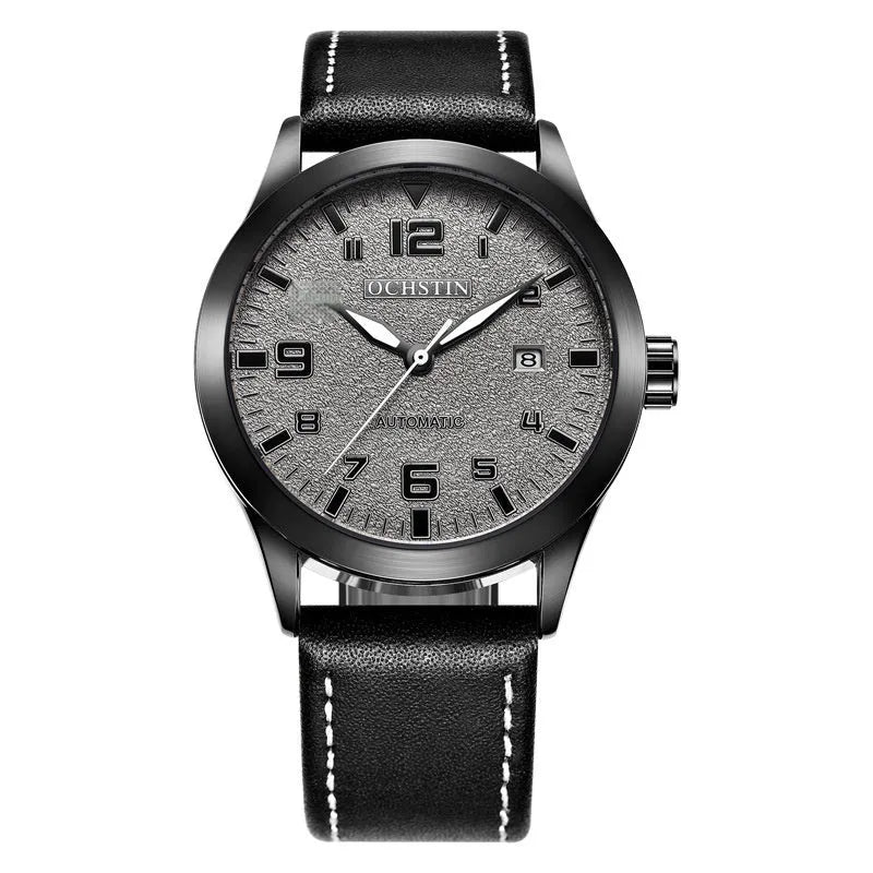 Men's silver case Army Green dial automatic watch with brown leather strap on wrist