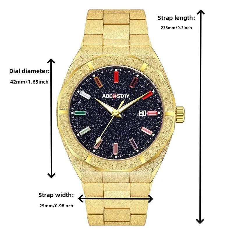 Full diamond-set luxury oak men's watch in gold finish with quartz movement and 11mm case thickness