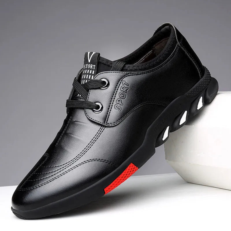 Men's black and brown PU business shoes with lace-up design and flat heel