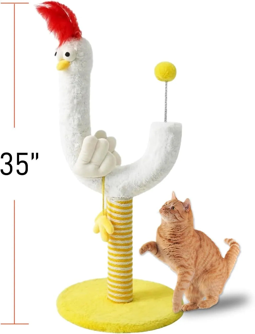 Sisal vertical cat scratching post with chicken strip pattern and spring ball, 88cm tall