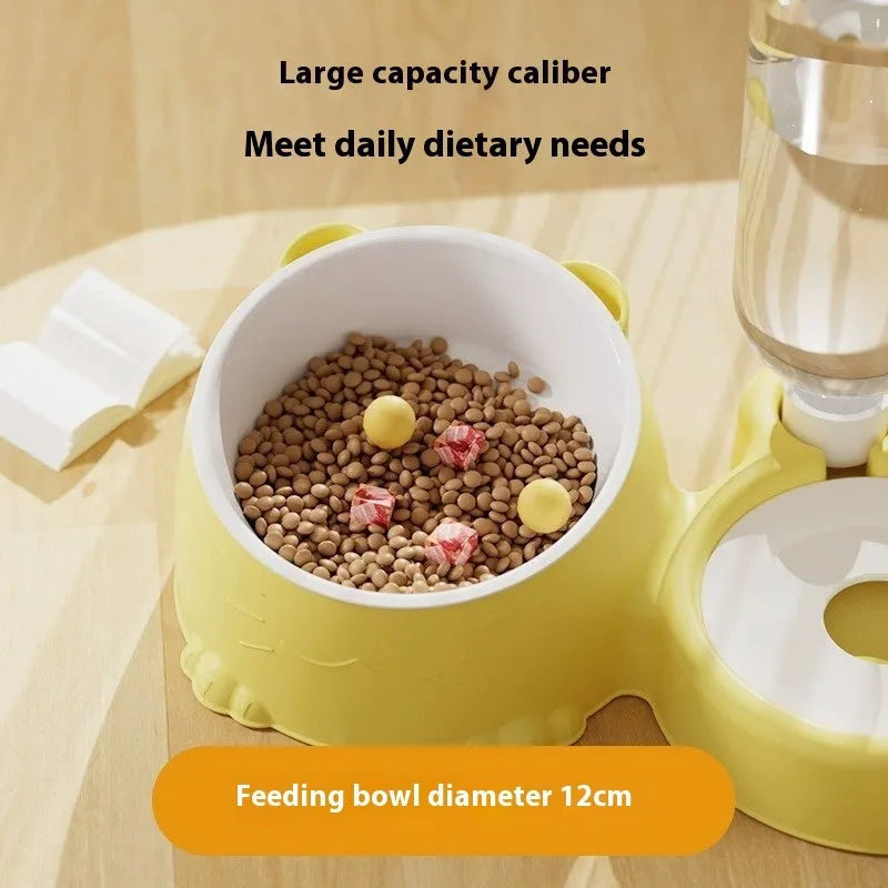 Double bowl plastic pet food and water basin in haze blue, milky yellow, pink, or grass green