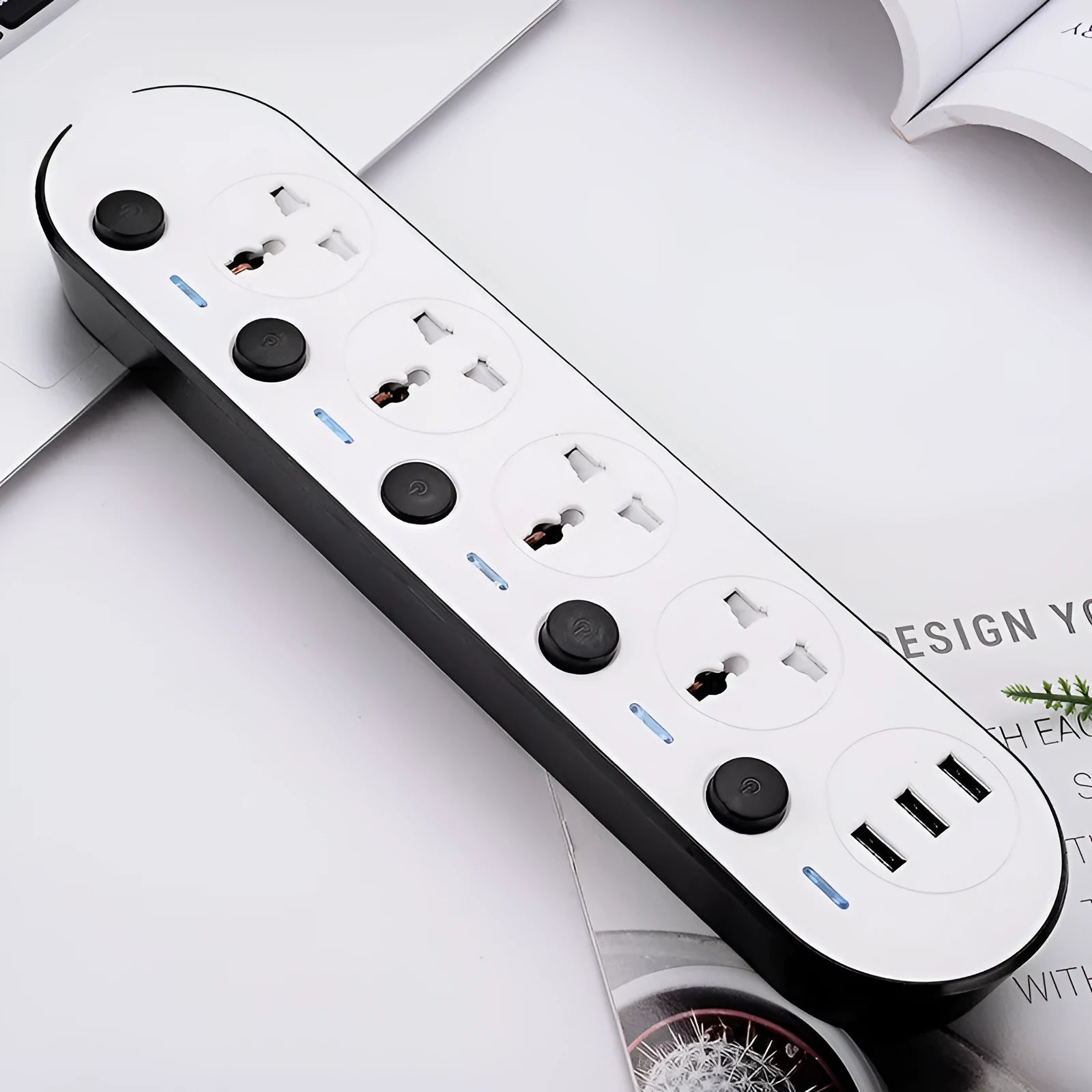 International power strip with UK, US and EU sockets, USB ports, individual switches and extended cable