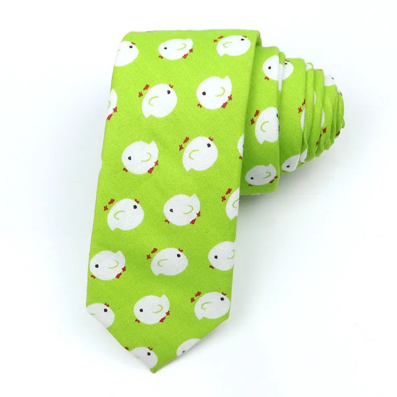 Men's narrow cotton bow tie in a cartoon print with an adjustable knot, shown in a selection of colours.
