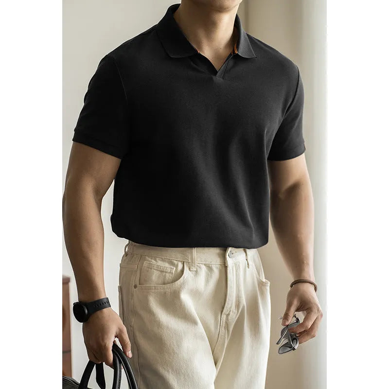 American-style short-sleeved polo shirt in blue cotton blend fabric on hanger