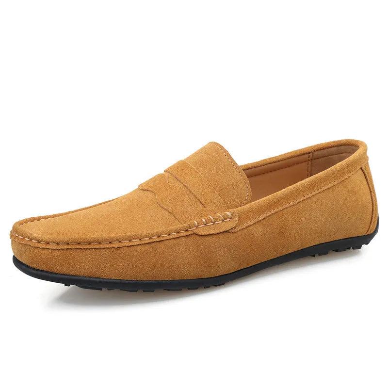 Men's solid colour suede loafers with slip-on design and round toe