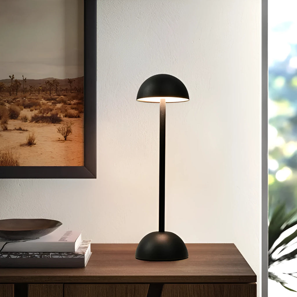 High foot metal mushroom table lamp with black metal finish, 330mm tall, Type-C powered for bedside bar ambience