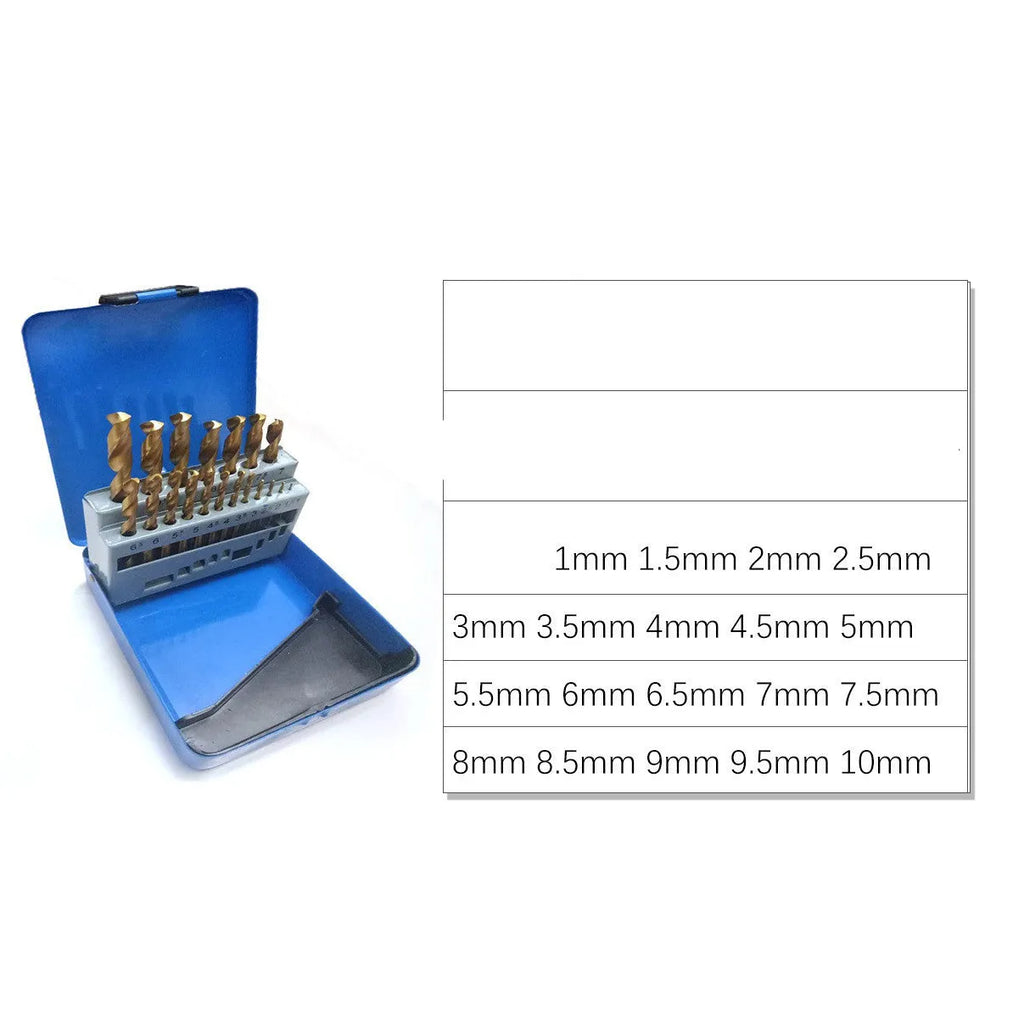 19-piece set of titanium-coated twist drill bits in an iron storage box