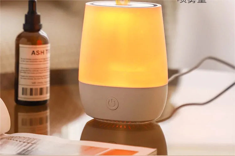White USB aroma diffuser with flame simulation effect showing dimensions and Type-C charging port