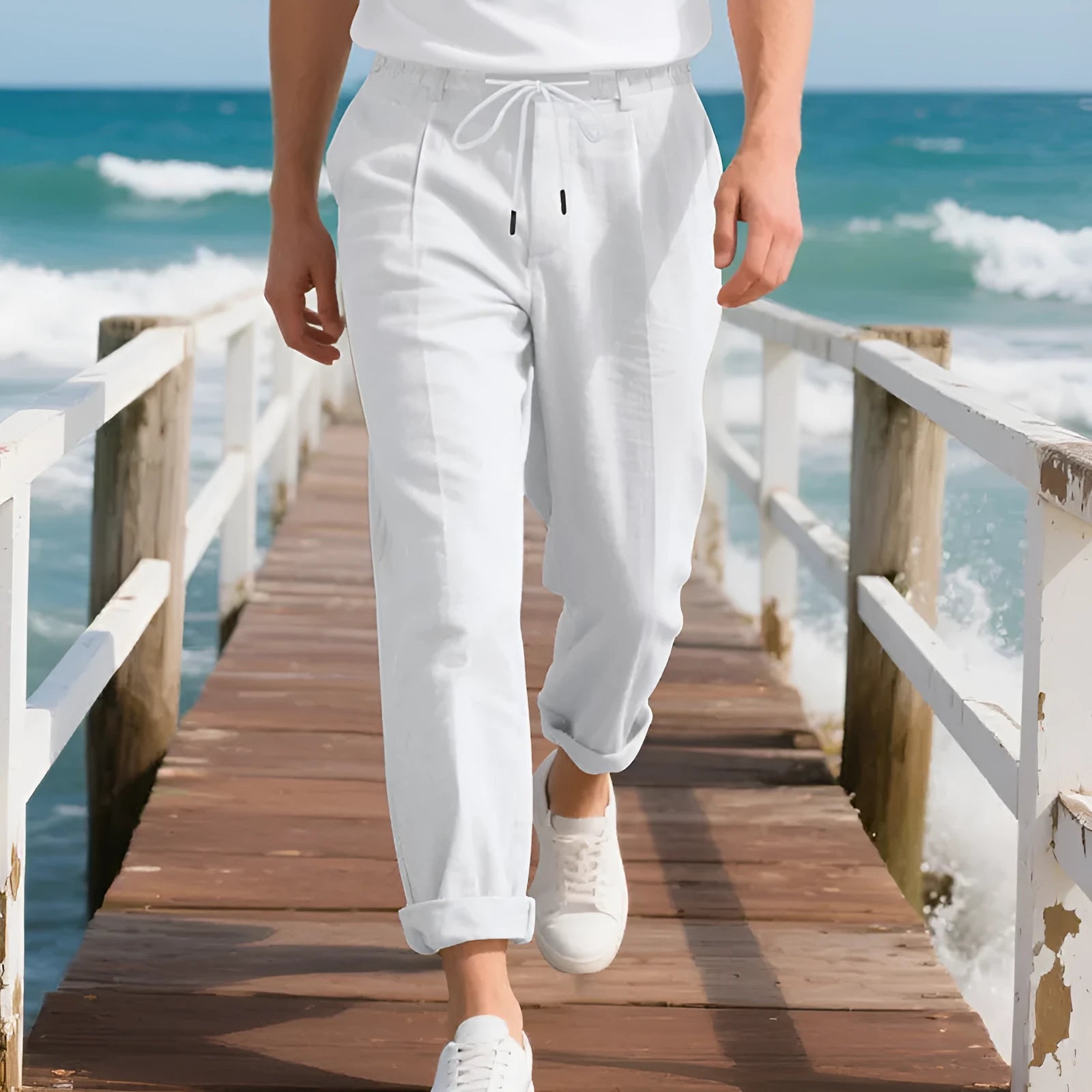 Men's linen straight leg trousers in army green with drawstring waist