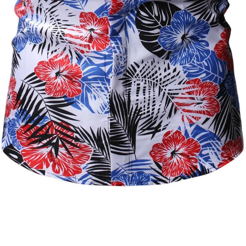 Men's summer beach short-sleeved floral shirt with square collar in blue polyester fibre