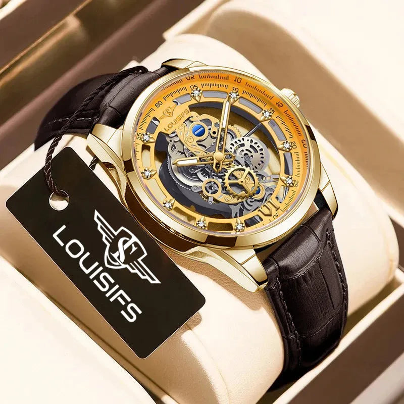 Men's Swiss quartz wristwatch with a business design and leather strap.