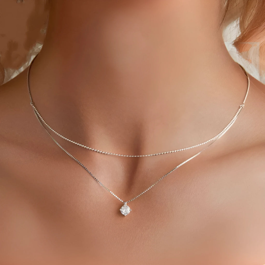 S925 sterling silver double-layer necklace with pearl chain design in silver finish