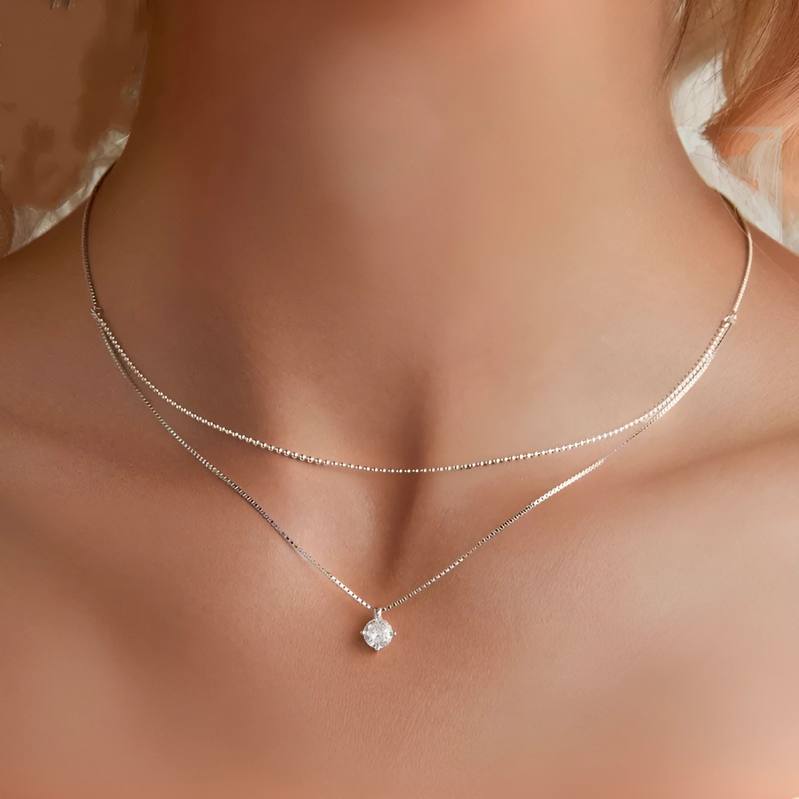 S925 sterling silver double-layer necklace with pearl chain design in silver finish