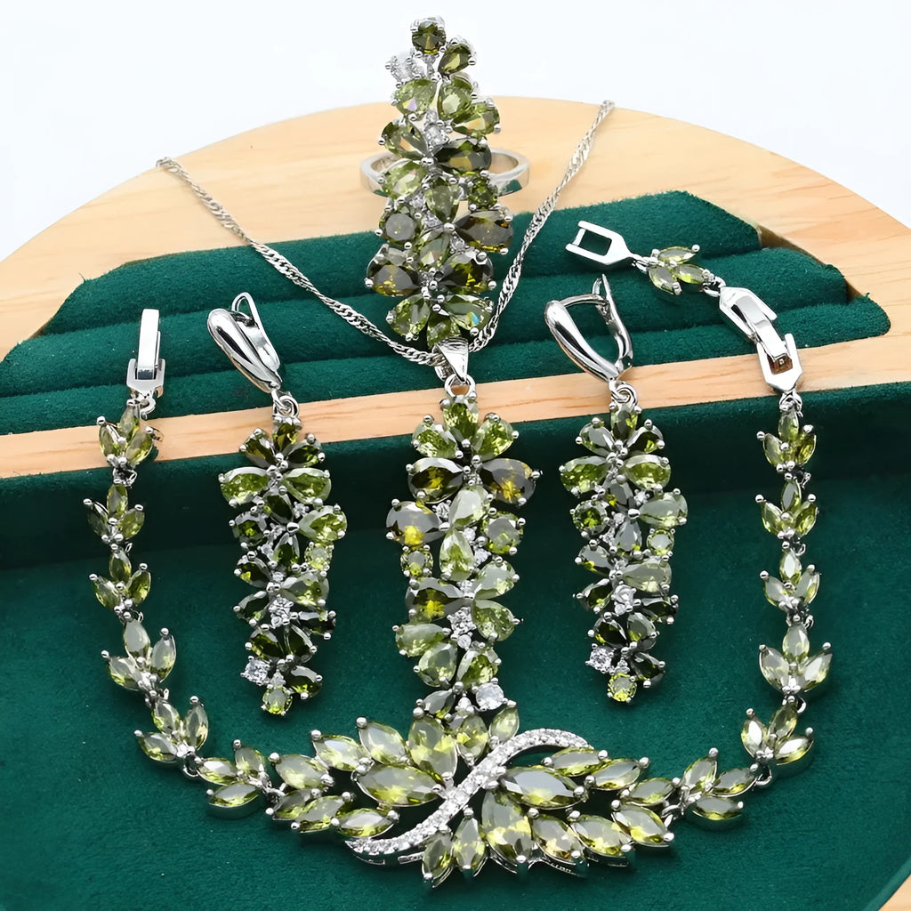 Complete retro floral jewellery set with copper zircon necklace, bracelet, earrings and ring in olive, purple or colourful finish