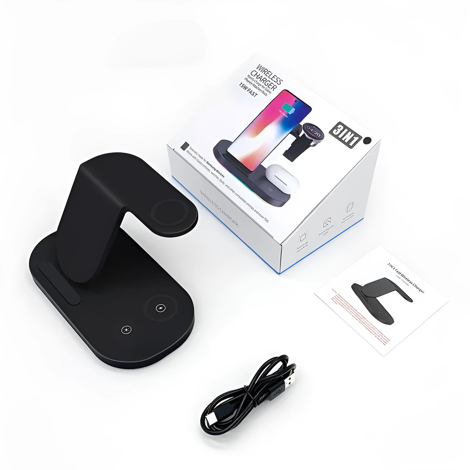 Three-in-one fast wireless charger in ABS material with Type-C input for phone watch and headphone