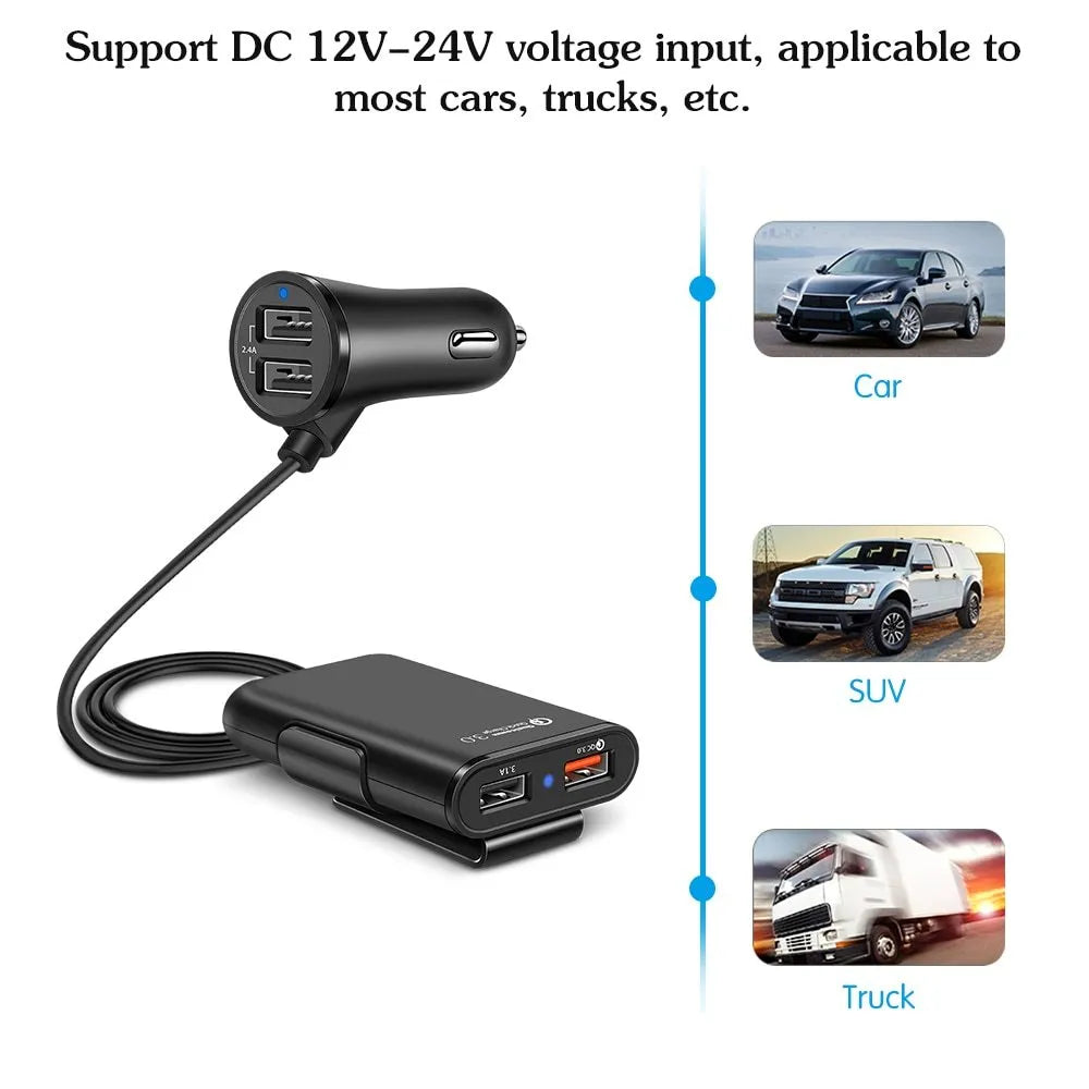 4-port USB car charger with QC3.0, cable, and clip for back seat installation