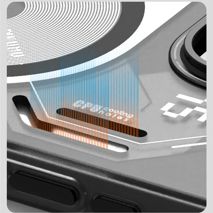 Grey magnetic phone case with cooling window for iPhone 15 Pro and 15 Pro Max in Cyberpunk style