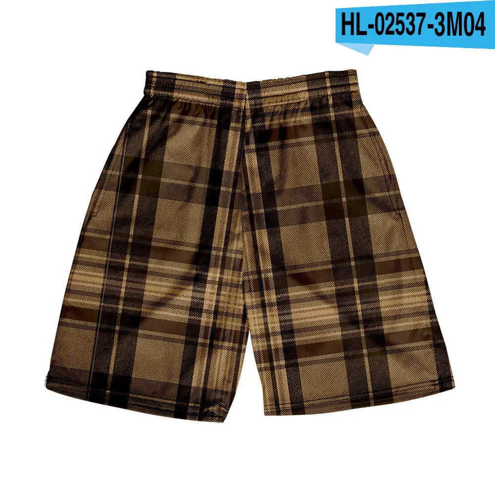 Men's polyester plaid shorts with elastic waistband in straight-leg casual style