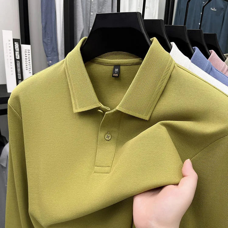 Mercerized cotton long-sleeved polo shirt for men, loose fit, striped asymmetric design, in Black colour