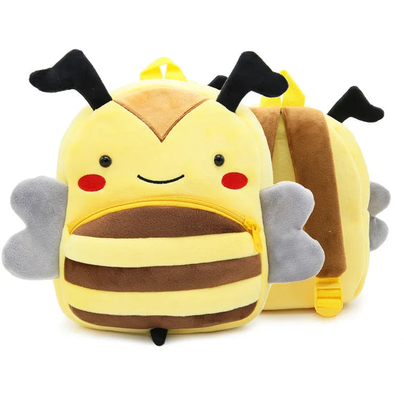 Cute plush animal backpack for children in elephant design, showing front zipper and straps.