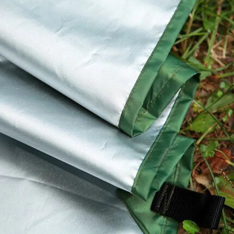 300x300cm awning sun shelter made of waterproof Oxford fabric in army green, set up outdoors with wind ropes