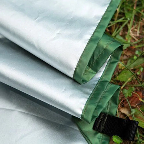 300x300cm awning sun shelter made of waterproof Oxford fabric in army green, set up outdoors with wind ropes