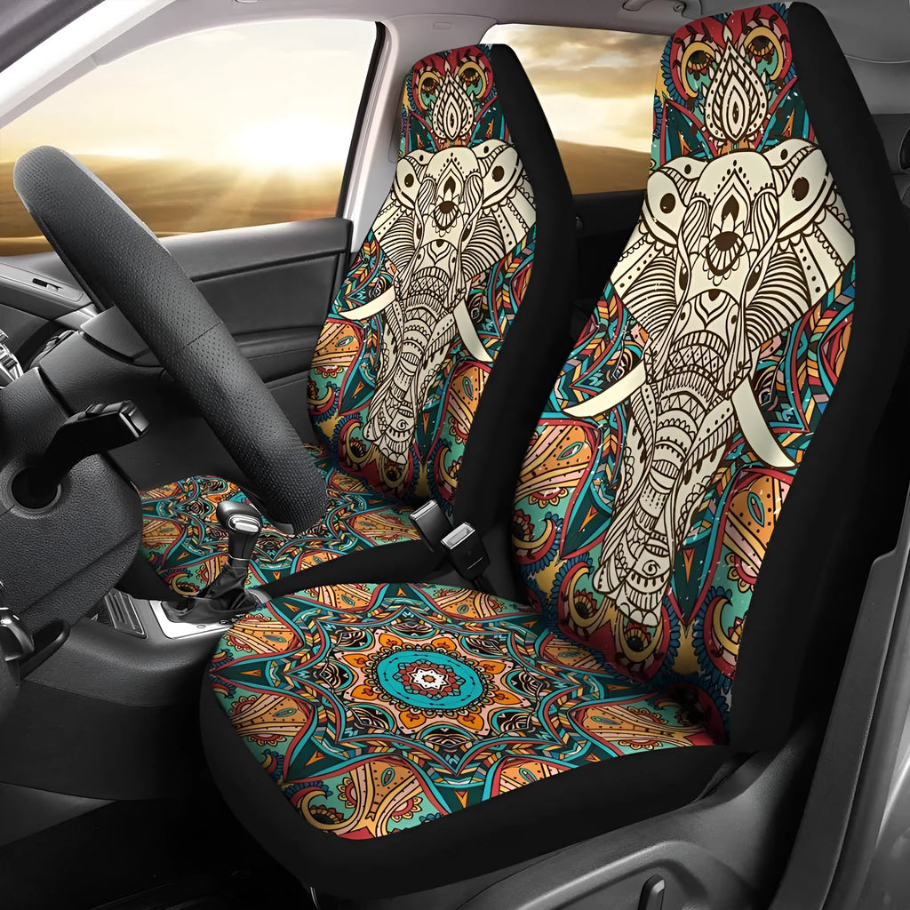 Printed car seat cover with all-inclusive elephant print on black polyester fibre fabric for front seat