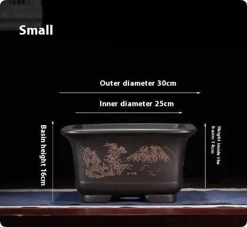 Large Chinese-style purple clay flower pot for indoor bonsai and plants.