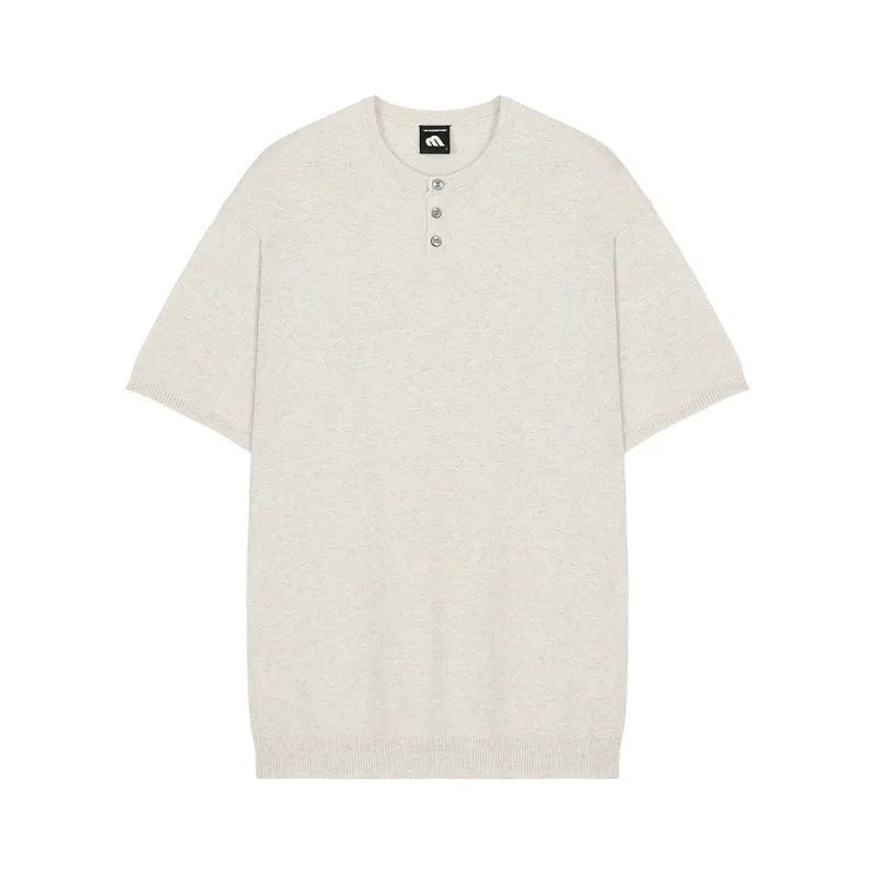 Men's slim-fit black short-sleeved knitted shirt made from thin ice silk material.