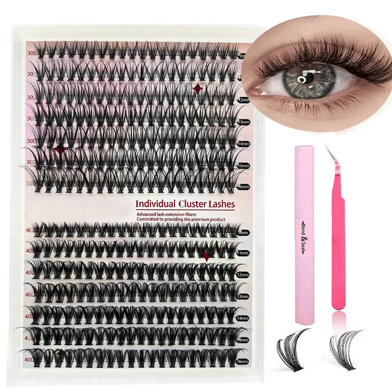 Mixed package of DIY 30D and 40D cluster false eyelashes ranging from 9mm to 16mm with tweezers