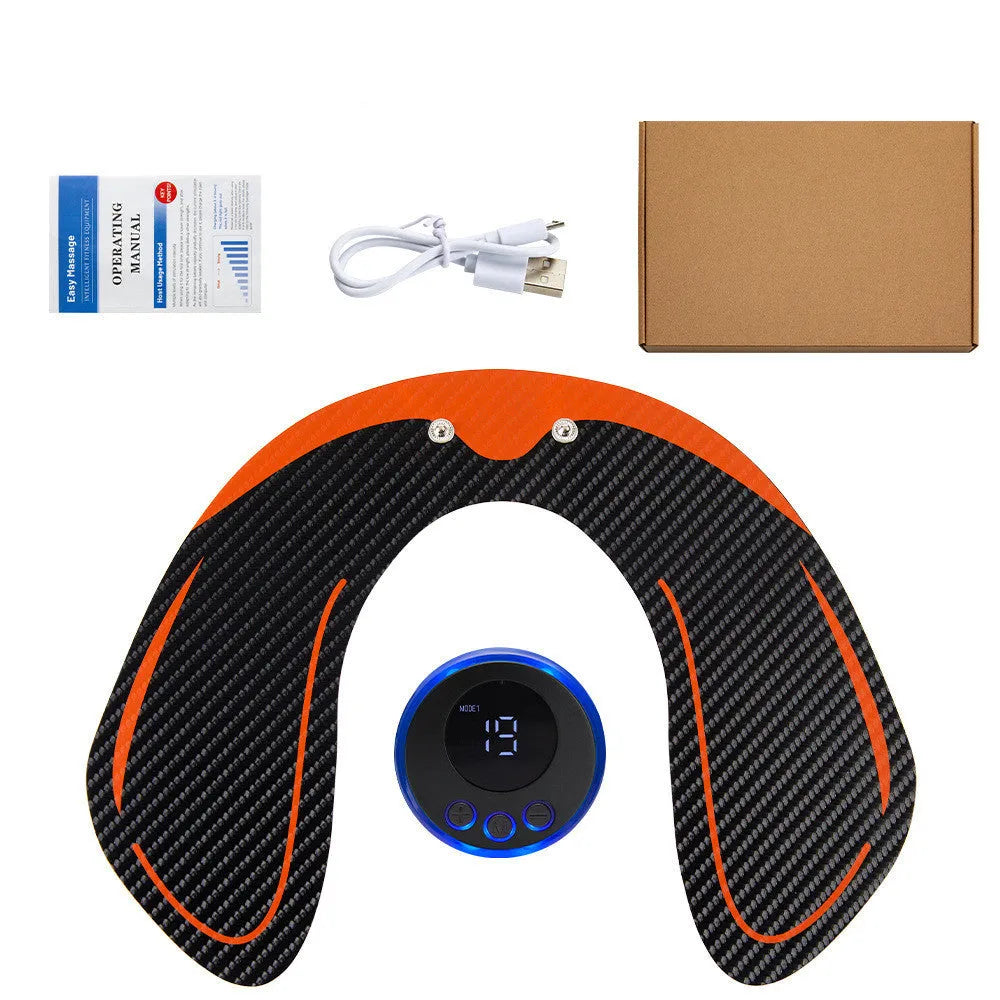 EMS hip muscle training stimulator with remote control and two gel pads in orange