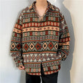 Loose Japanese retro ethnic style couple long sleeve cardigan shirt in brown polyester, front view