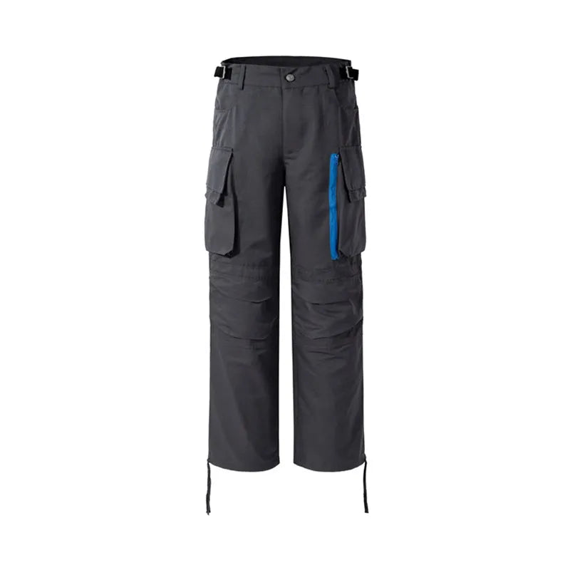 Multi-pocket contrast zip casual baggy pants in Dark Grey cotton, loose fit and mid-waist design