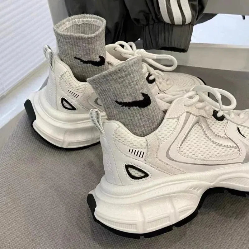 Beige Polar Wave women's mesh platform sports shoes with a wedge heel and lace-up front.