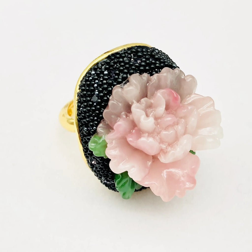 Adjustable peony flower ring for women, alloy with diamond setting, floral design
