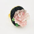 Adjustable peony flower ring for women, alloy with diamond setting, floral design